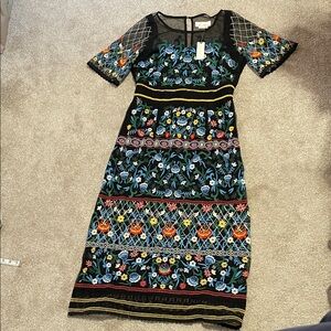 Anthropologie Embroidered Floral Midi Dress - Black with Multicolor Florals NWT